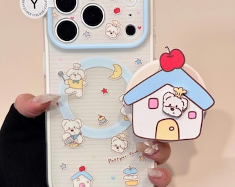 Kawaii Character Clear MAGSAFE Case with House Grip & Beaded Charm, Pastel Blue Cover iPhone 17 16 15 14 13 Pro Max, Y2K Coquette Gift