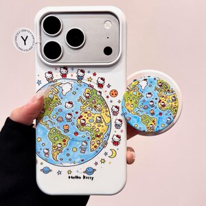 Hello Kitty White MAGSAFE Case with Globe PopSocket Grip, Kawaii Y2K Aesthetic Cute iPhone Case Cover iPhone 17 16 15 14 13 Pro Max Gift image 2