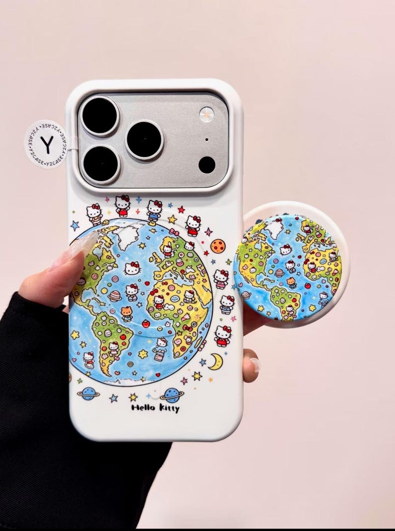 Hello Kitty White MAGSAFE Case with Globe PopSocket Grip, Kawaii Y2K Aesthetic Cute iPhone Case Cover iPhone 17 16 15 14 13 Pro Max Gift image 2