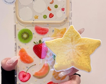 Fruit Clear Case with Star Shaped Grip & Beaded Charm, Y2K Kawaii Phone Grip Wristlet Cover iPhone 17 16 15 14 13 Pro Max, Cutei Coquette