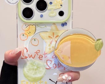 Kawaii Lemon MAGSAFE Case with Lemon Grip & Beaded Charm, Y2K Clear Yellow Cover iPhone 17 16 15 14 13 Pro Max, Kawaii Gift Box Set for Her!