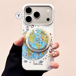 Hello Kitty White MAGSAFE Case with Globe PopSocket Grip, Kawaii Y2K Aesthetic Cute iPhone Case Cover iPhone 17 16 15 14 13 Pro Max Gift image 3