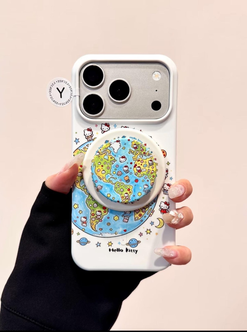 Hello Kitty White MAGSAFE Case with Globe PopSocket Grip, Kawaii Y2K Aesthetic Cute iPhone Case Cover iPhone 17 16 15 14 13 Pro Max Gift image 3