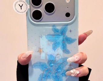 Kawaii Character Blue Case with Beaded Charm, Y2K Blue Floral Clear Cover iPhone 17 16 15 14 13 Pro Max, Kawaii Coquette Gift