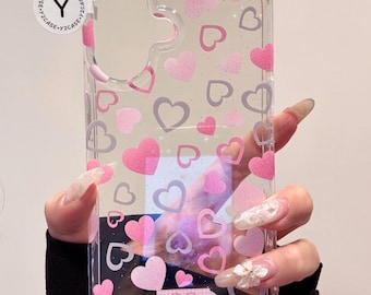 Kawaii Pink Heart Print Case with Beaded Wristlet Charm, Cute Clear Pink Glitter Cover iPhone 17 16 15 14 13 Pro Max, Y2K Coquette Gift Set
