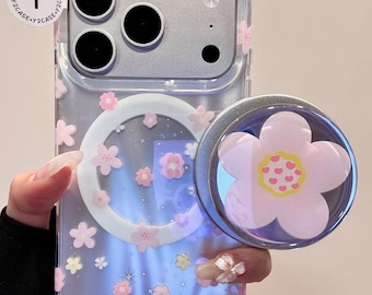 Cute Kawaii Character Clear Pink MAGSAFE Case with Flower Grip & Charm, Floral Cover iPhone 17 16 15 14 13 Pro Max, Y2K Coquette Gift Set