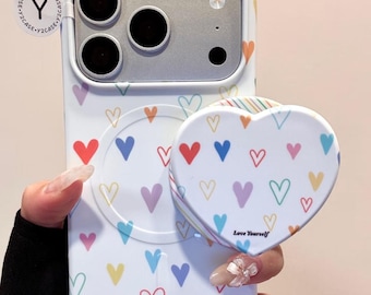 Kawaii Character White MAGSAFE Case with Heart Grip, Y2K White Rainbow Cover iPhone 17 16 15 14 13 Pro Max, Cute Kawaii Y2K Gift Set for her