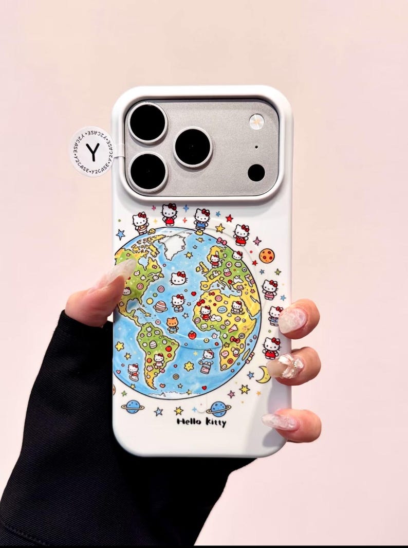 Hello Kitty White MAGSAFE Case with Globe PopSocket Grip, Kawaii Y2K Aesthetic Cute iPhone Case Cover iPhone 17 16 15 14 13 Pro Max Gift Case Only