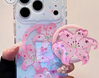 Kawaii Character MAGSAFE Case with Flower Grip & Charm, Clear Pink Cover iPhone 17 16 15 14 13 Pro Max, Kawaii Y2K Coquette Aesthetic Gift
