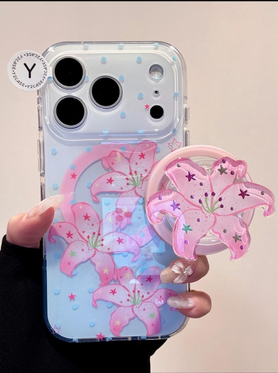 Kawaii Character MAGSAFE Case with Flower Grip & Charm, Clear Pink Cover iPhone 18 17 16 15 14 Pro Max, Kawaii Y2K Coquette Aesthetic Gift