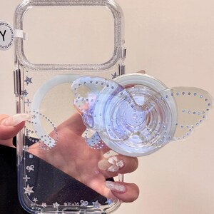 Clear Bear MAGSAFE Case with Butterfly PopSocket Grip & Beaded Charm, Y2K Silicone Phone Cover iPhone 17 16 15 14 13 Pro Max, Cute Gift