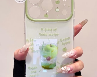 Kawaii Character Clear Case with Beaded Charm, Y2K Green Apple Soda Aesthetic Cover iPhone 17 16 15 14 13 Pro Max, Cute Gift Set for Girls!