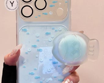 Kawaii Character Clear Case with Cloud Grip & Beaded Charm, Blue Fish Y2K Clear Cover iPhone 17 16 15 14 13 Pro Max, Kawaii Y2K Gift