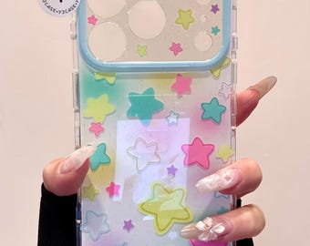 Kawaii Character Blue Clear Case with Beaded Star Charm, Y2K Blue Cover iPhone 17 16 15 14 13 Pro Max, Cute Coquette Aesthetic Gift