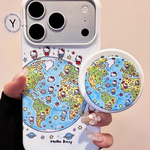Hello Kitty White MAGSAFE Case with Globe PopSocket Grip, Kawaii Y2K Aesthetic Cute iPhone Case Cover iPhone 17 16 15 14 13 Pro Max Gift Case+Grip