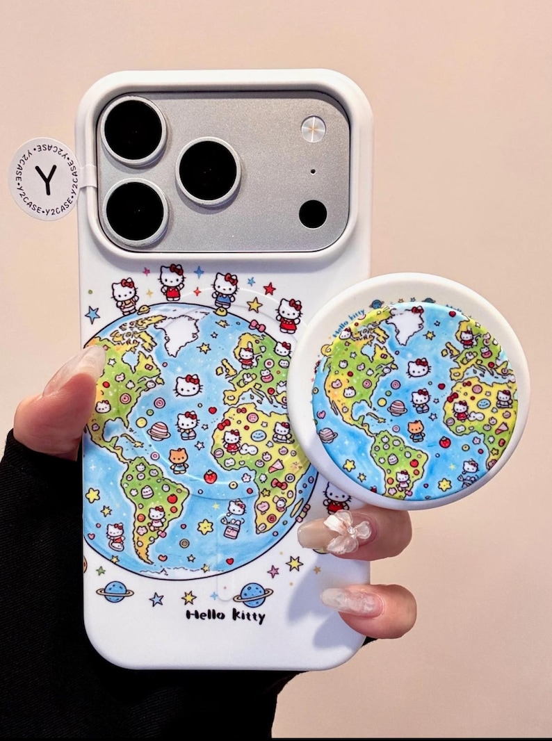 Hello Kitty White MAGSAFE Case with Globe PopSocket Grip, Kawaii Y2K Aesthetic Cute iPhone Case Cover iPhone 17 16 15 14 13 Pro Max Gift Case+Grip