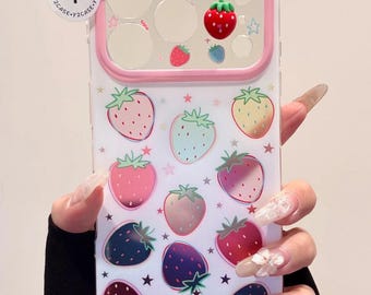 White Pink Kawaii Character Strawberry Case with Grip & Charm, Clear Strawberry Print Cover iPhone 17 16 15 14 13 Pro Max, Y2K Gift