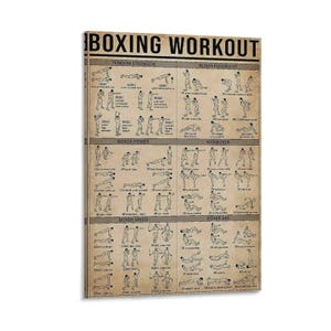 May include: A beige poster with the words "BOXING WORKOUT" at the top. The poster features black and white illustrations of boxing exercises, including tendon strength, boxer flexibility, boxer power, kickboxer, boxer speed, and boxer abs.