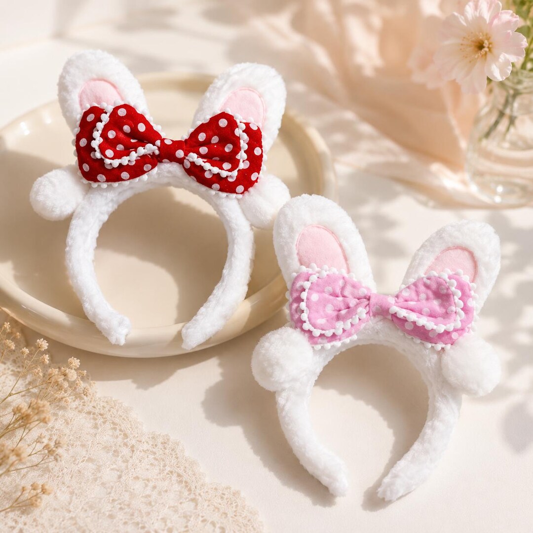 Cute Plush Bunny Ear Headband With Polka Dot Bow – Soft Kawaii Rabbit ...