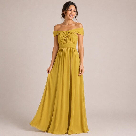 mustard yellow off the shoulder dress Mustard Yellow Off Shoulder Maxi Dress - Elegant Bridesmaid Gown