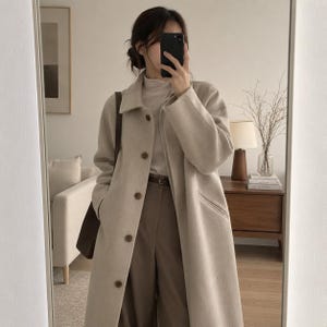 Manteau oversize beige en laine mélangée - Veste longue boutonnée de style coréen