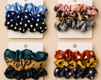 3-Piece Soft Fabric Scrunchies Set – Abstract Marble Print Hair Ties, Neutral Tones