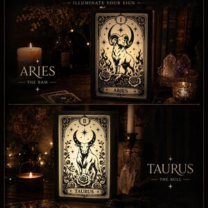 May include: Two illuminated zodiac sign lightboxes. The top one features Aries, the ram, and the bottom one features Taurus, the bull. Both lightboxes have a black frame and a detailed illustration. The text "ZODIAC LIGHTBOX COLLECTION" and "ILLUMINATE YOUR SIGN" are at the top.
