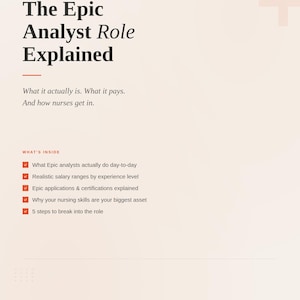 Puede incluir: Una guía titulada "El papel del analista Epic explicado" con información sobre el rol, el salario, las certificaciones y cómo ingresar para enfermeras. Presenta un encabezado naranja claro y un signo más.