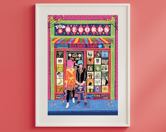 May include: A colorful illustration of a record shop with the text "Top 5 Records". The shop has a striped awning and is flanked by two people. The shop's window displays album covers and the words "Cassettes Record Shop LP Compact Disc".