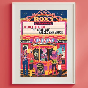 May include: A retro-style illustration of a movie theater marquee with the words "ROXY cinema" and the double feature "THE GRADUATE" and "HAROLD AND MAUDE". Four people are standing in front of the ticket booth, dressed in 1960s fashion.