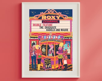 May include: A retro-style illustration of a movie theater marquee with the words "ROXY cinema" and the double feature "THE GRADUATE" and "HAROLD AND MAUDE". Four people are standing in front of the ticket booth, dressed in 1960s fashion.