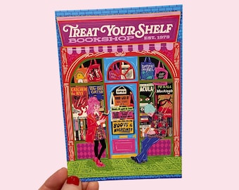 Book Shop Front Art Postcard - Treat Your Shelf Postcard - Bookworm - Reading Postcard - Book Store Postcard
