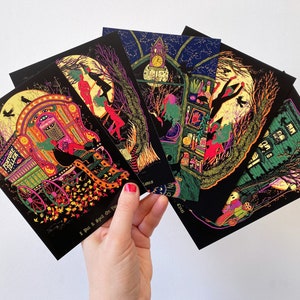 Cartes postales d'Halloween - Lot de cinq - Observateur des étoiles - Sorcières volantes - Maison hantée - Diseuse de bonne aventure - Cercle des sorcières