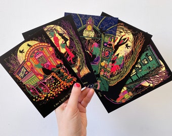Halloween Postcards - Pack Of Five - Stargazer - Flying Witches - Haunted House - Fortune Teller - Witches Circle