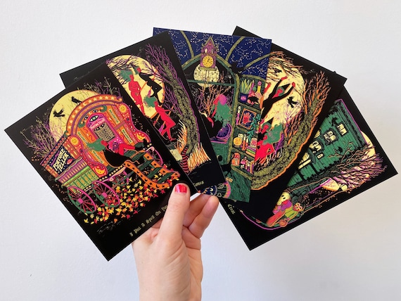 Halloween Postcards - Pack Of Five - Stargazer - Flying Witches - Haunted House - Fortune Teller - Witches Circle