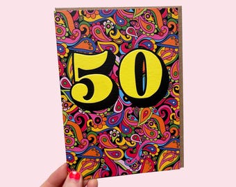 50th Birthday Greeting Card - Embossed Fifty Psychedelic Birthday Card
