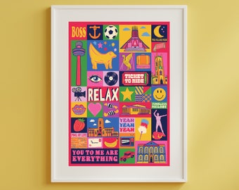 May include: A colorful collage print with a variety of images and text, including "Boss", "Relax", "Ticket to Ride", "You to Me Are Everything", and "Timeless Melody".