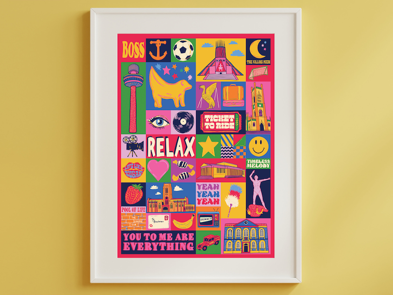 K&ouml;nnte beinhalten: Ein farbenfroher Collage-Druck mit einer Vielzahl von Bildern und Texten, darunter "Boss", "Relax", "Ticket to Ride", "You to Me Are Everything" und "Timeless Melody".