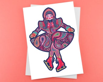 Ice Skater Christmas Greeting Card - Xmas Folk Art - Psychedelic Illustration