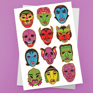 Carte de voeux vintage masque de monstre d'Halloween - Carte de masque d'Halloween
