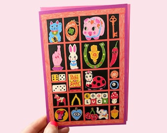 Good Luck Card- Trinkets Letter Press Print Tray Greeting Card - Tchotchkes Lucky Card - Knick Knack Lucky Charms Collection