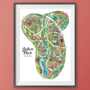 May include: A colorful illustrated map of Sefton Park in Liverpool, England. The map shows the park's layout, including paths, trees, and buildings. There are also many people depicted on the map, engaging in various activities such as walking, cycling, and playing.