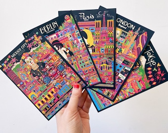 Travel Postcards - Pack Of Five - Mexico City - London - Berlin - Tokyo - Paris