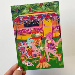 Carte postale rétro d'art de caravane - carte postale de vacances de camping-car - anniversaire - Noël - nouvelle maison - remplisseur de bas