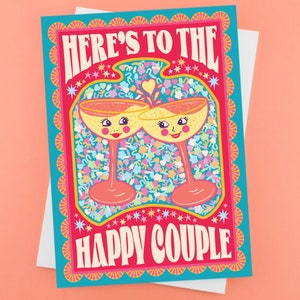 Wedding Greeting Card - Here's To The Happy Couple Card -  Congratulations - Mr and Mrs - Just Married - Anniversary