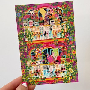 Carte postale d'art balcon d'été - carte postale de jardinage - carte postale d'art de cuisine - anniversaire - Noël - nouvelle maison - remplissage de bas