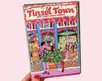 Tinsel Town Christmas Greeting Card - Retro Christmas Shop Greeting Card
