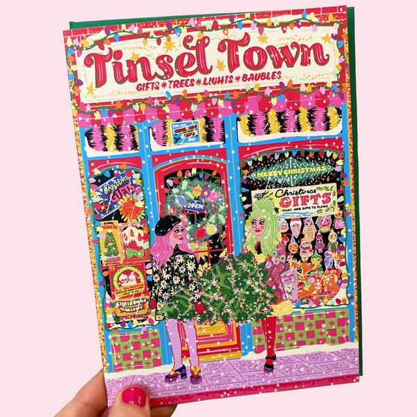 Tinsel Town Christmas Greeting Card - Retro Christmas Shop Greeting Card