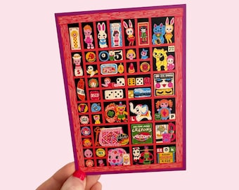 Trinkets Letter Press Print Tray Postcard - Tchotchkes Postcard - Knick Knacks