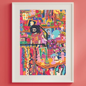 May include: A colorful illustration of a vintage shop filled with clothing, toys, and other items. The shop is decorated with bunting and there are two people in the shop, one wearing a floral shirt and the other wearing a purple dress.